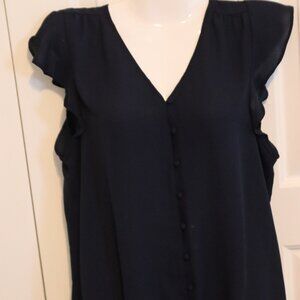 LOFT Outlet Button Tie Front Semi Sheer Blouse Flutter Sleeves Petite Large Blue
